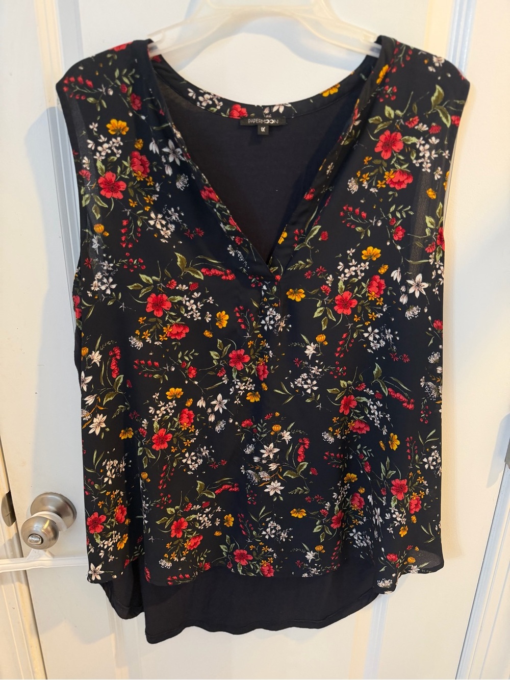 Papermoon Black Floral V-Neck Sleeveless blouse - Black/Red/Yellow/White/Green